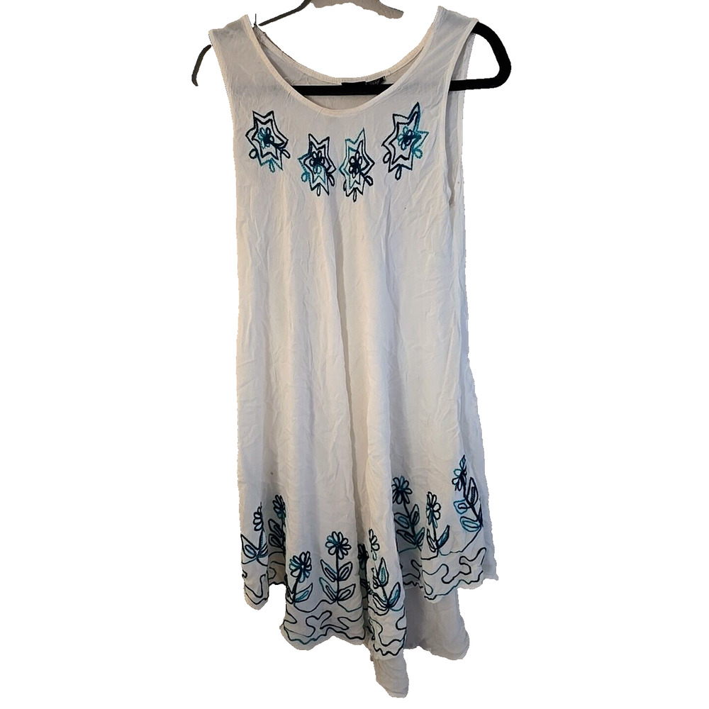 S.R. Fashion White Embroidered Floral Sleeveless Boho Beach Coast Cover Dress OS